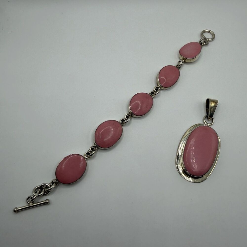 Mexico TR-23 925 Sterling Silver Pink Stone Bracelet Pendant Set 50g